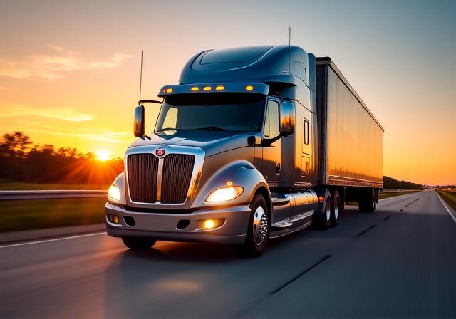 Heavy duty long-haul truck on highway at dusk
