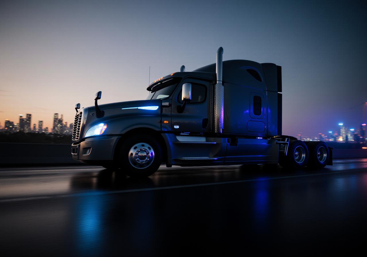 Heavy-duty freight truck on a dark atmospheric road