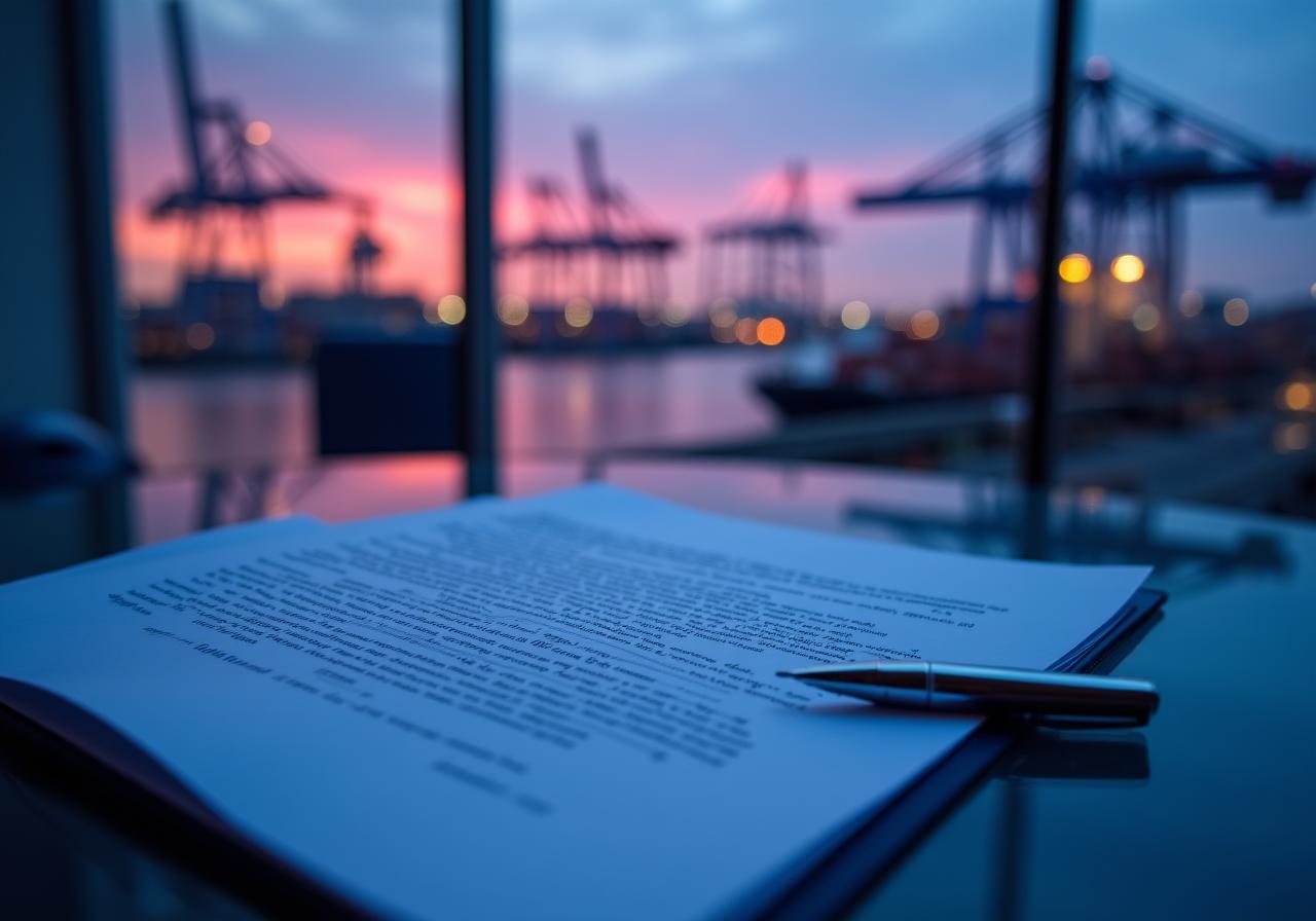 Legal contract and logistics documents on a modern desk