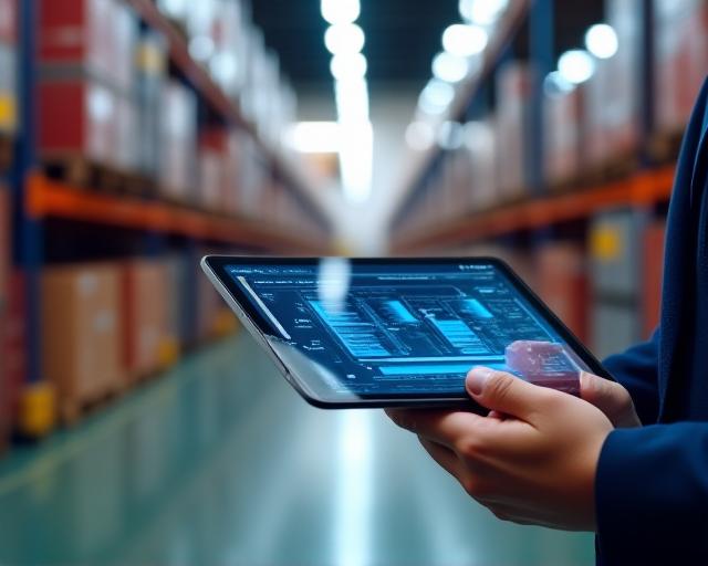 Logistics professional using tablet for inventory management